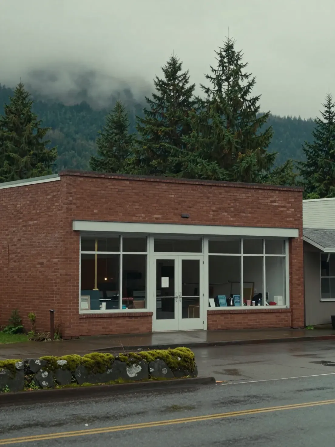 A small brick commercial building with a ground-floor office on a Pacific Northwest street, evergreens and low cloud behind