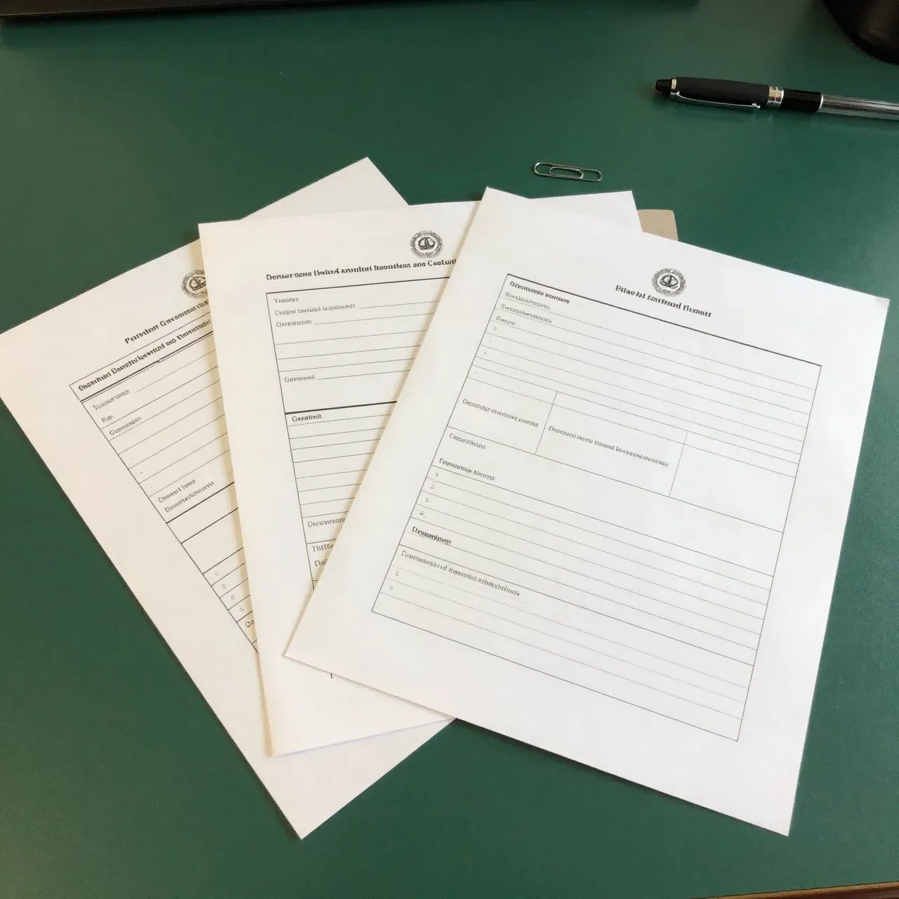 three state forms fanned out on a desk, hands only