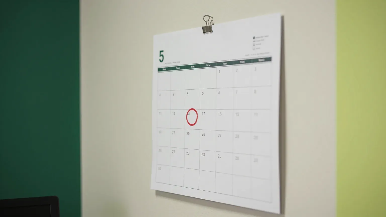 a wall calendar with one date circled, office wall