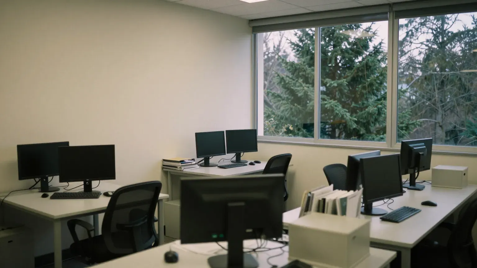 a small office with a handful of desks, morning light