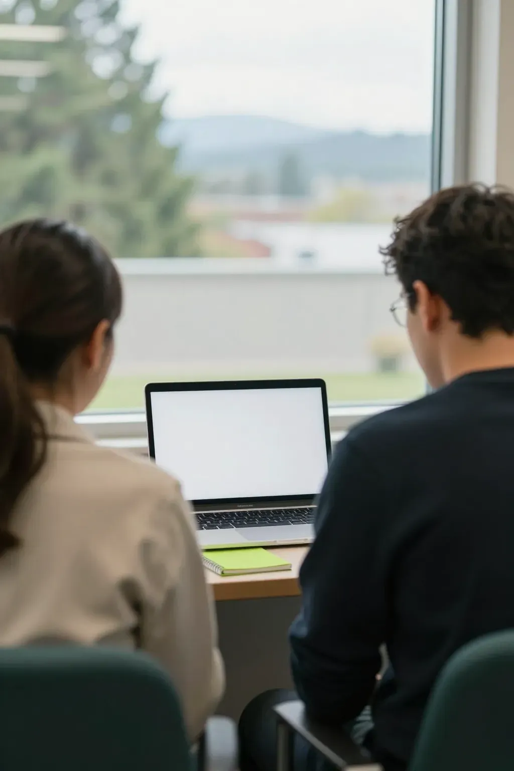 Two colleagues seen from behind, side by side at a shared desk looking at a laptop, grey daylight through a large window
