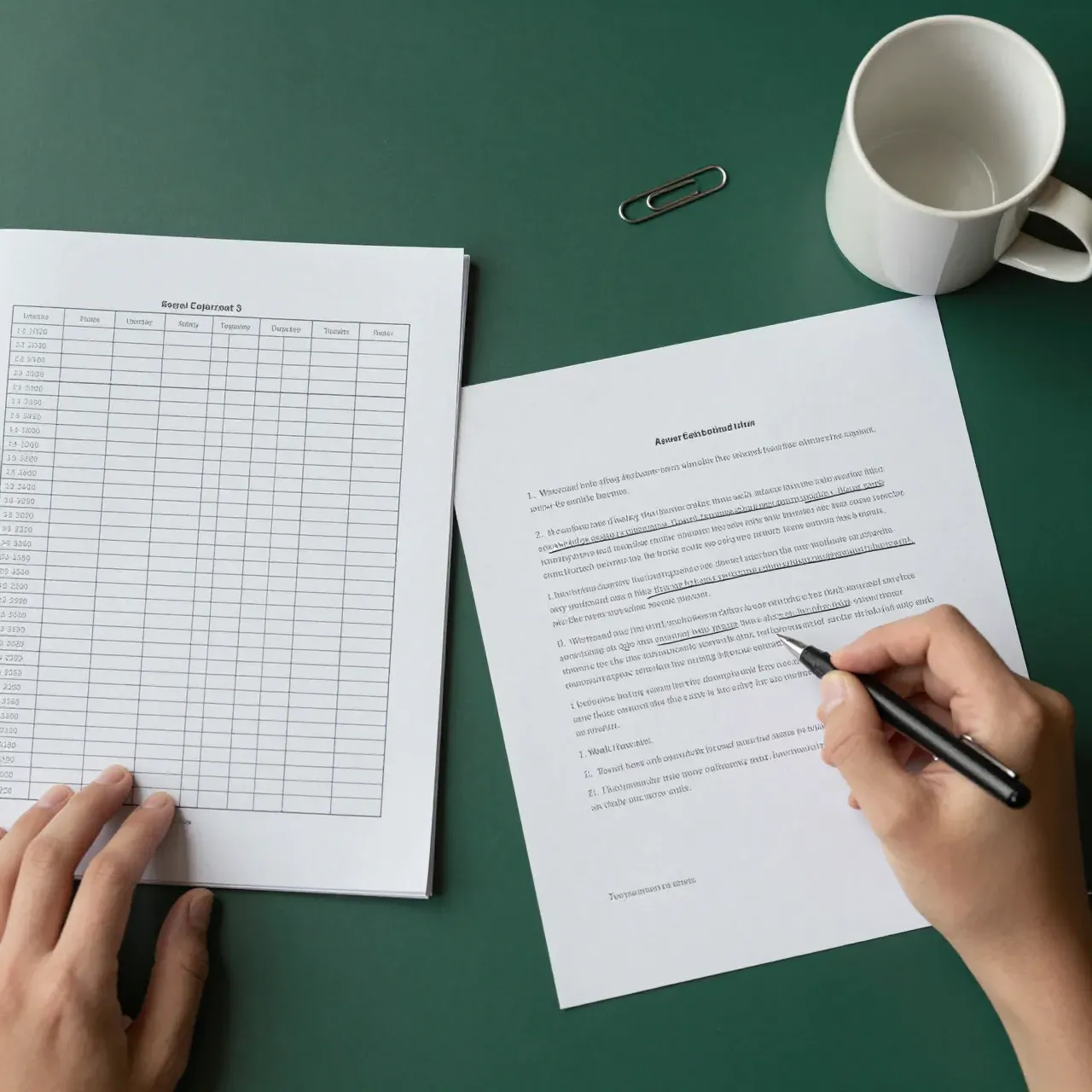 printed spreadsheet and a marked-up submission document side by side on a desk, hands only