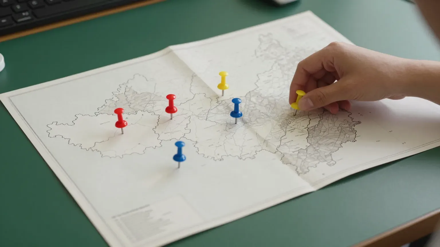 a regional map with pins in several towns, hands only