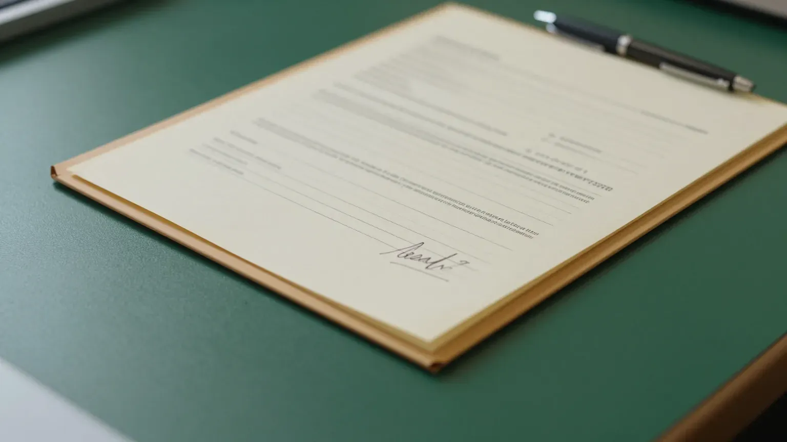 a signed form in a folder on a desk, hands only